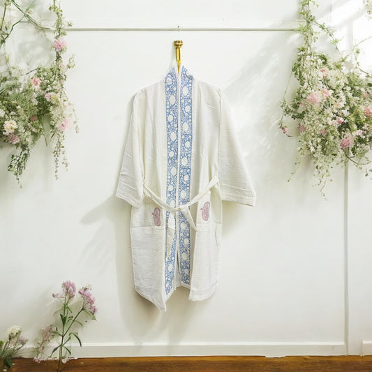 Blue Stripes White Handblock Bathrobe – 100% Cotton, Soft and Stylish