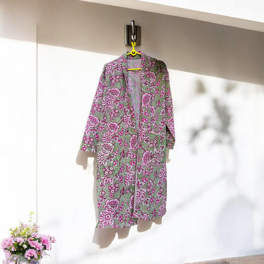 Pink Floral Green Handblock Bathrobe – 100% Cotton, Elegant and Comfortable