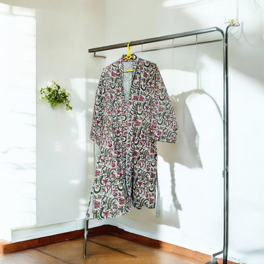 Embedded Floral White Handblock Bathrobe with Belt – 100% Cotton, Elegant and Comfortable