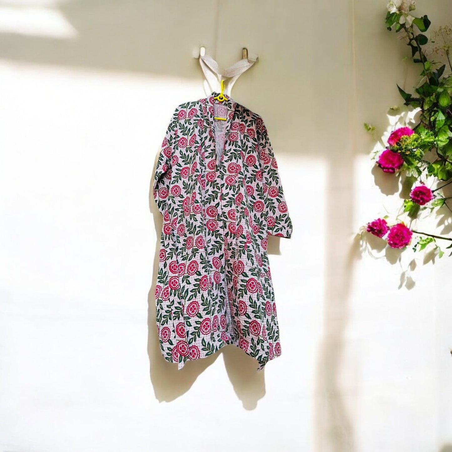 Pink Floral White Handblock Bathrobe – 100% Cotton, Elegant and Cozy