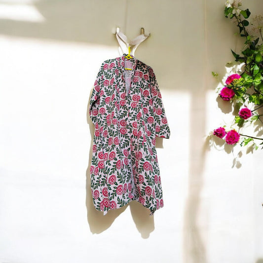 Pink Floral White Handblock Bathrobe – 100% Cotton, Elegant and Cozy