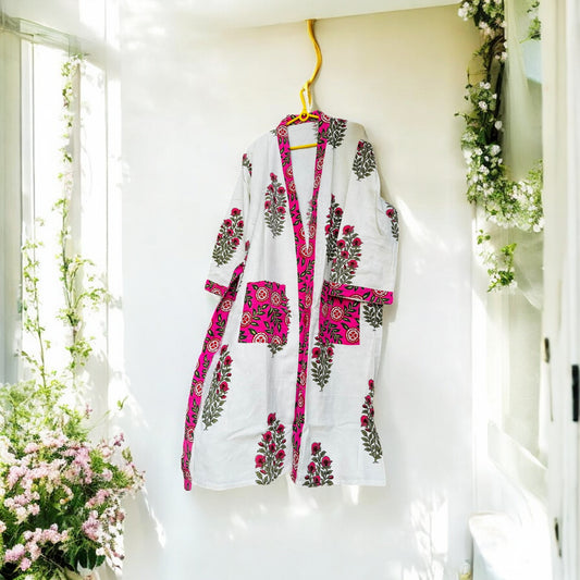 Pink and Black Floral White Handblock Bathrobe – 100% Cotton, Stylish and Comfortable