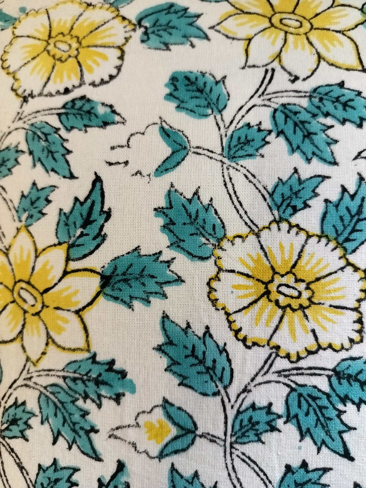 Yellow and White Floral Print Handblock Cushion Cover
