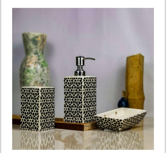 Black and White Geometric Bathroom Set – 3-Piece Modern Ceramic Bath Accessories