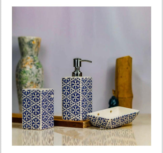 Floral Ceramic Bathroom Set (Blue on White) – 3-Piece Elegant Bath Accessories