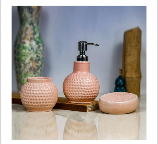 Pink Solid Ceramic Bathroom Set – 3-Piece Elegant Bathroom Accessories