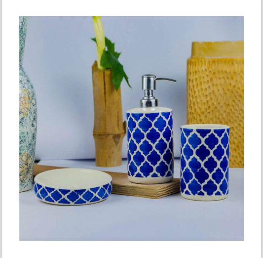 Blue with White Stripes Ceramic Bathroom Set – 3-Piece Elegant Bath Accessories