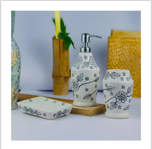 White and Black Floral Ceramic Bathroom Set – 3-Piece Elegant Bath Accessories
