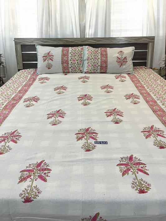 Handblock Pink Floral Printed Double Bedsheet