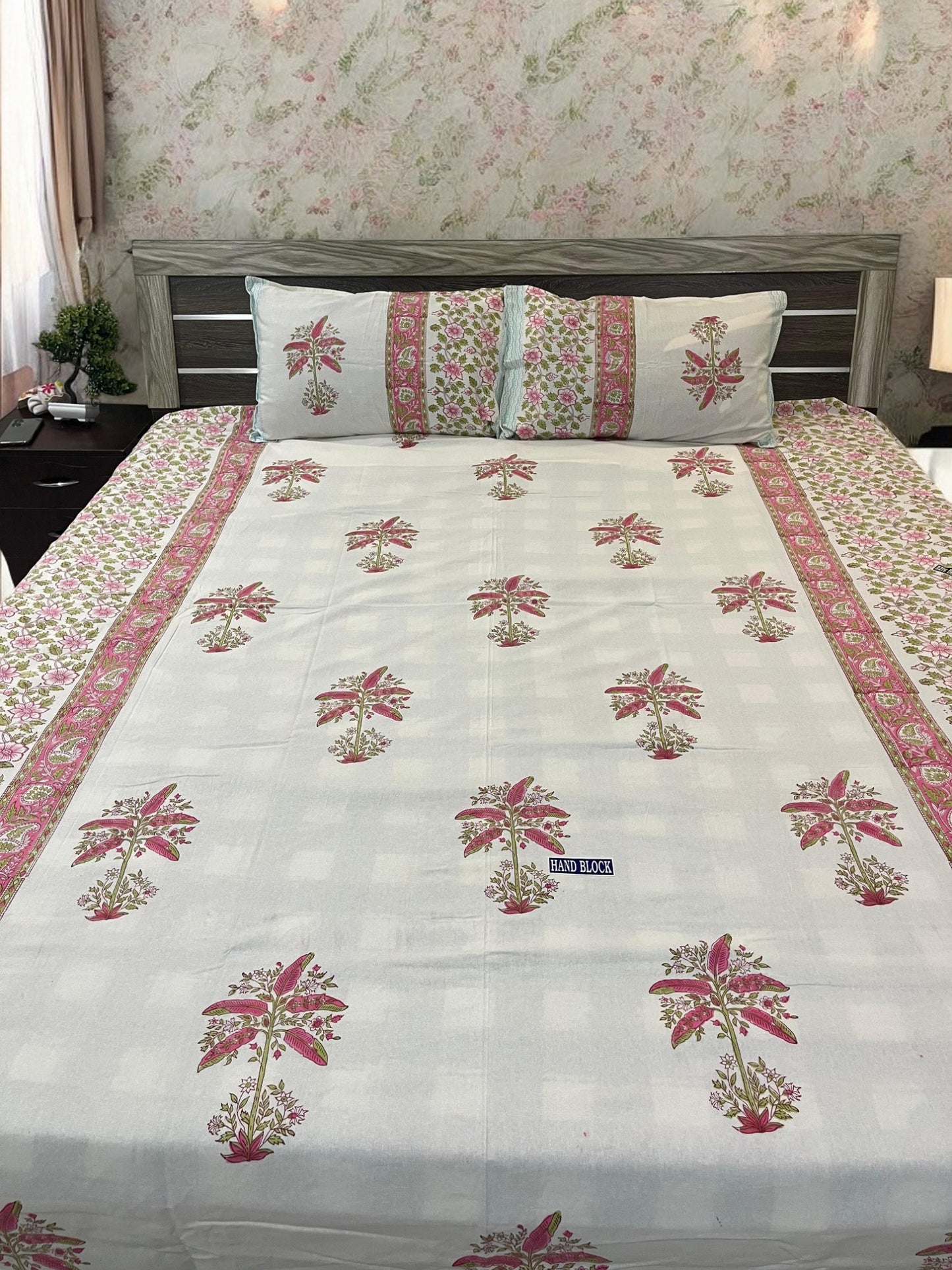 Handblock Pink Floral Printed Double Bedsheet