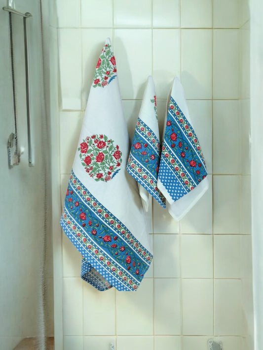 Red and Blue Floral White Handblock Towel Set of 3 – 1 Bath Towel, 2 Hand Towels