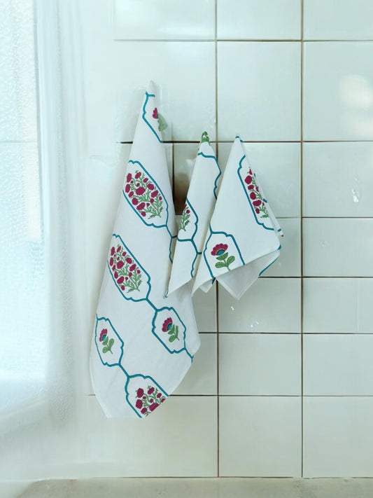 Pink Floral White Handblock Towel Set – 3-Piece Soft Cotton Towels for Bath and Hand Use