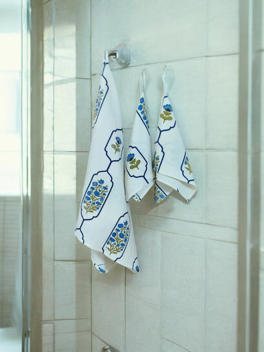 Blue Floral White Handblock Towels Set – 3-Piece Bath and Hand Towels