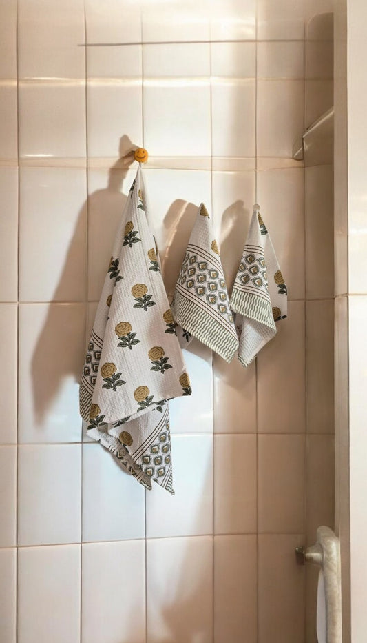 Yellow Floral White Handblock Towels Set of 3 – 1 Bath Towel, 2 Hand Towels, Soft Waffle Cotton
