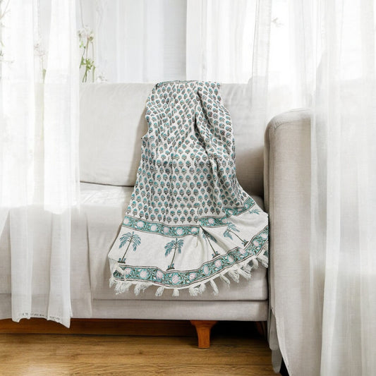 Green Palm Tree White Color Premium Handblock TNT Throws