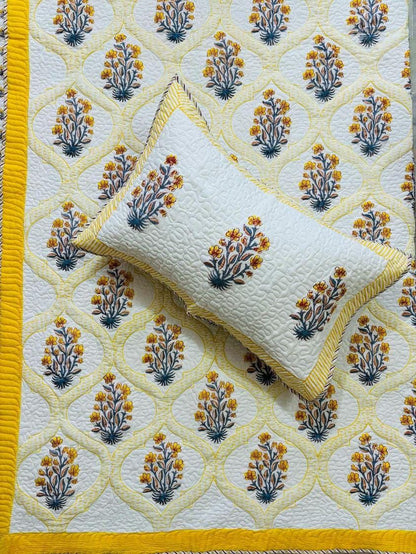 Yellow Flower Handblock Quilted Reversible Bedcover with 2 Pillow Covers – Premium Cotton, Elegant Home Décor