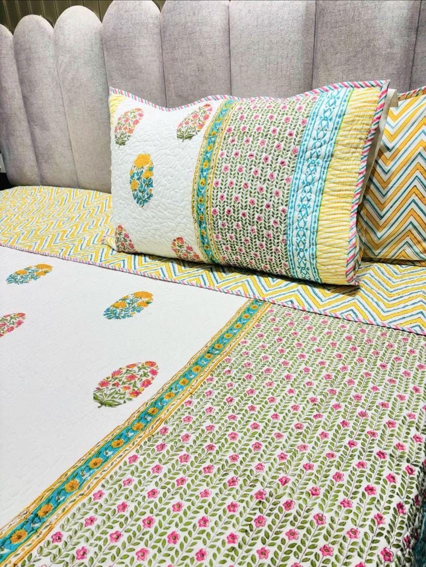 Multi-Colour White Handblock Quilted Reversible Bedcover with 2 Pillow Covers – Premium Cotton, Elegant Home Décor