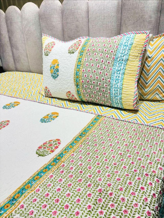 Multi-Colour White Handblock Quilted Reversible Bedcover with 2 Pillow Covers – Premium Cotton, Elegant Home Décor