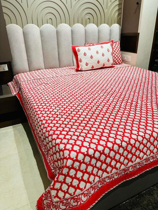 Red Strawberry Handblock Quilted Reversible Bedcover with 2 Pillow Covers – Premium Cotton Bedding Set