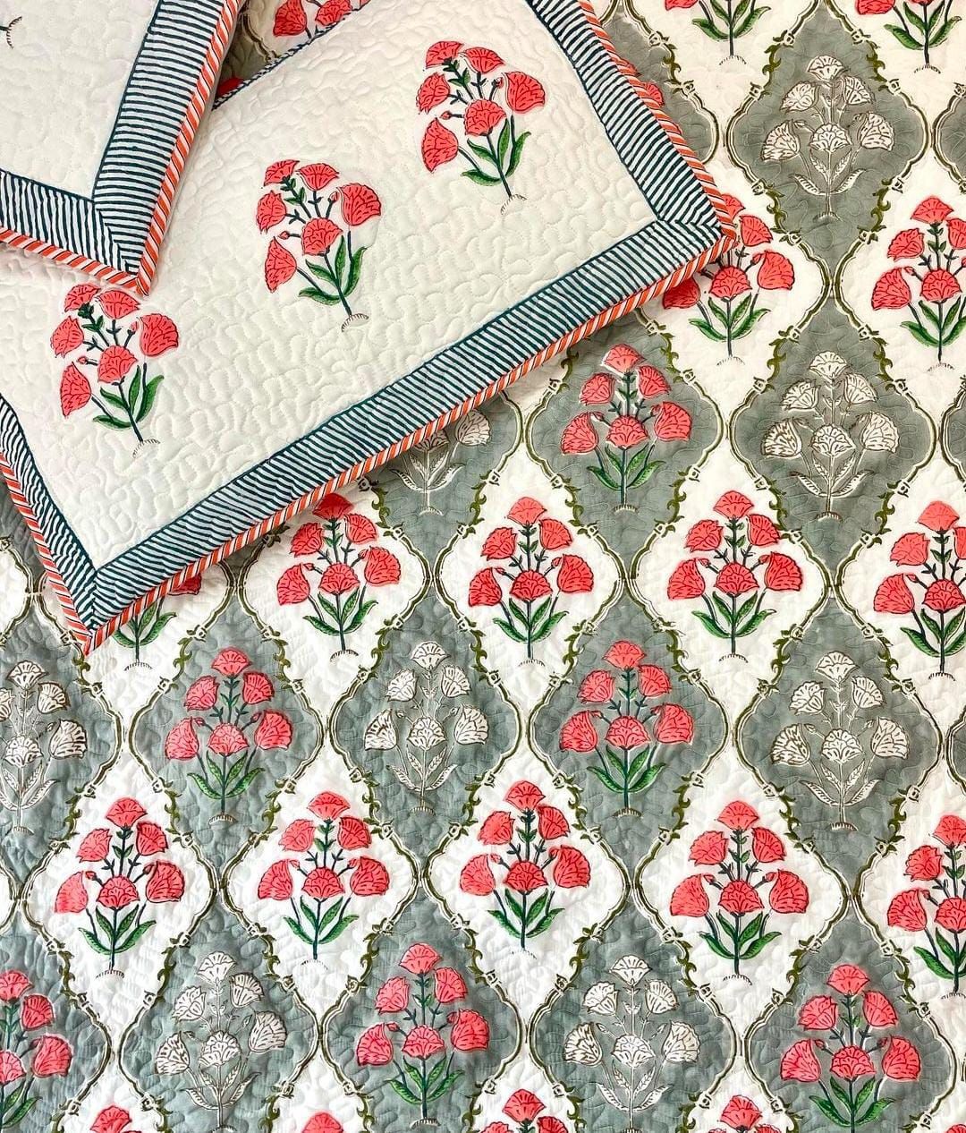 Red Flower Handblock Quilted Reversible Bedcover with 2 Pillow Covers – Stylish and Eco-Friendly Bedroom Décor
