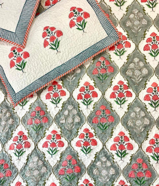 Red Flower Handblock Quilted Reversible Bedcover with 2 Pillow Covers – Stylish and Eco-Friendly Bedroom Décor