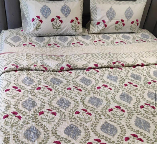 Blue Wave with Red Flower Handblock Quilted Reversible Bedcover with 2 Pillow Covers – Vibrant and Eco-Friendly Bedding