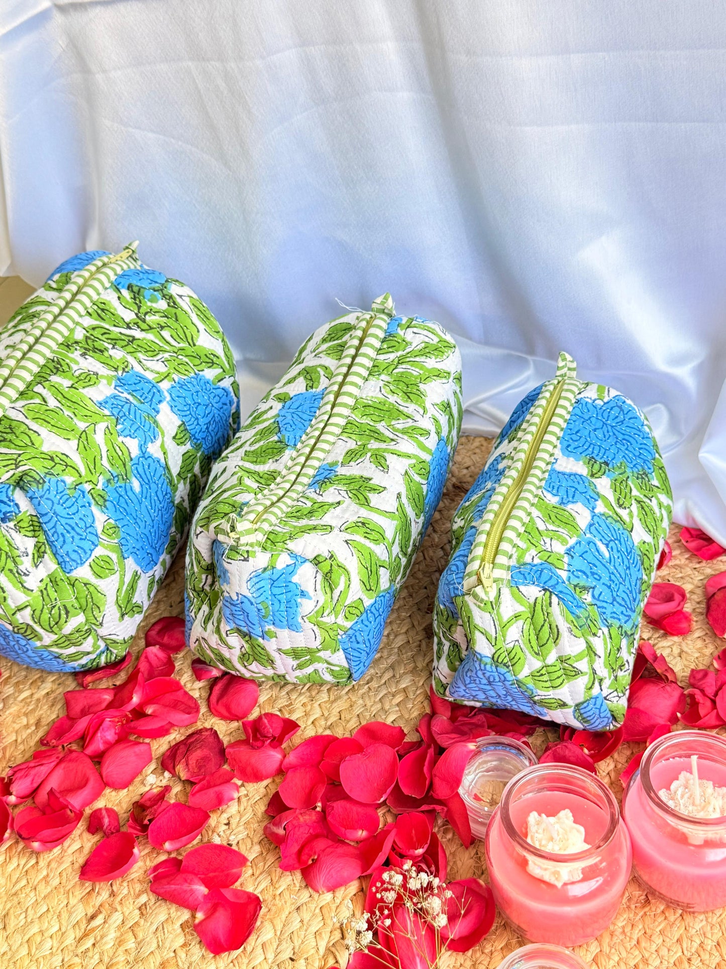 Blue green Floral  Handblock Travel  Pouch Organizer  Set of 3