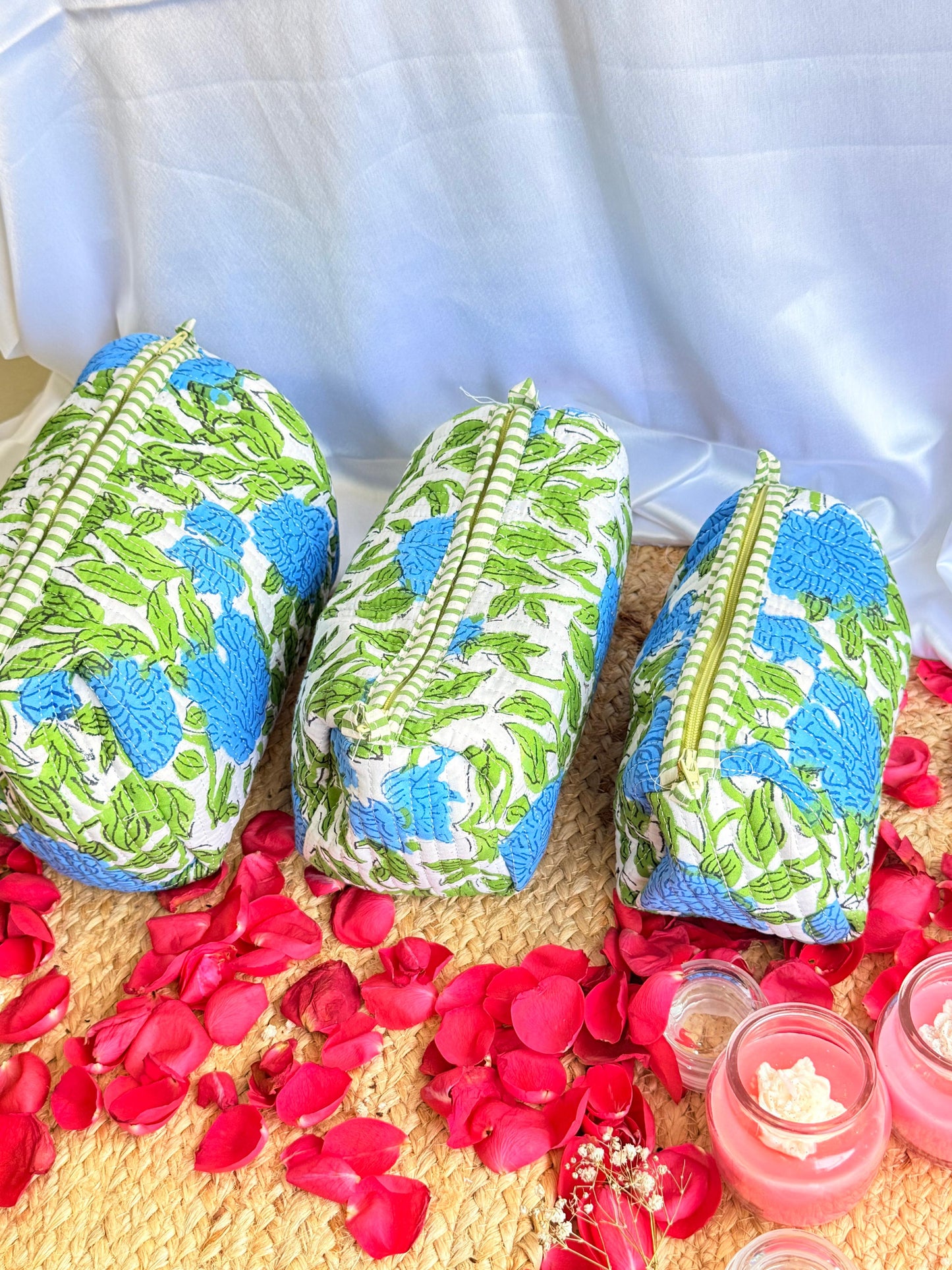 Blue green Floral  Handblock Travel  Pouch Organizer  Set of 3