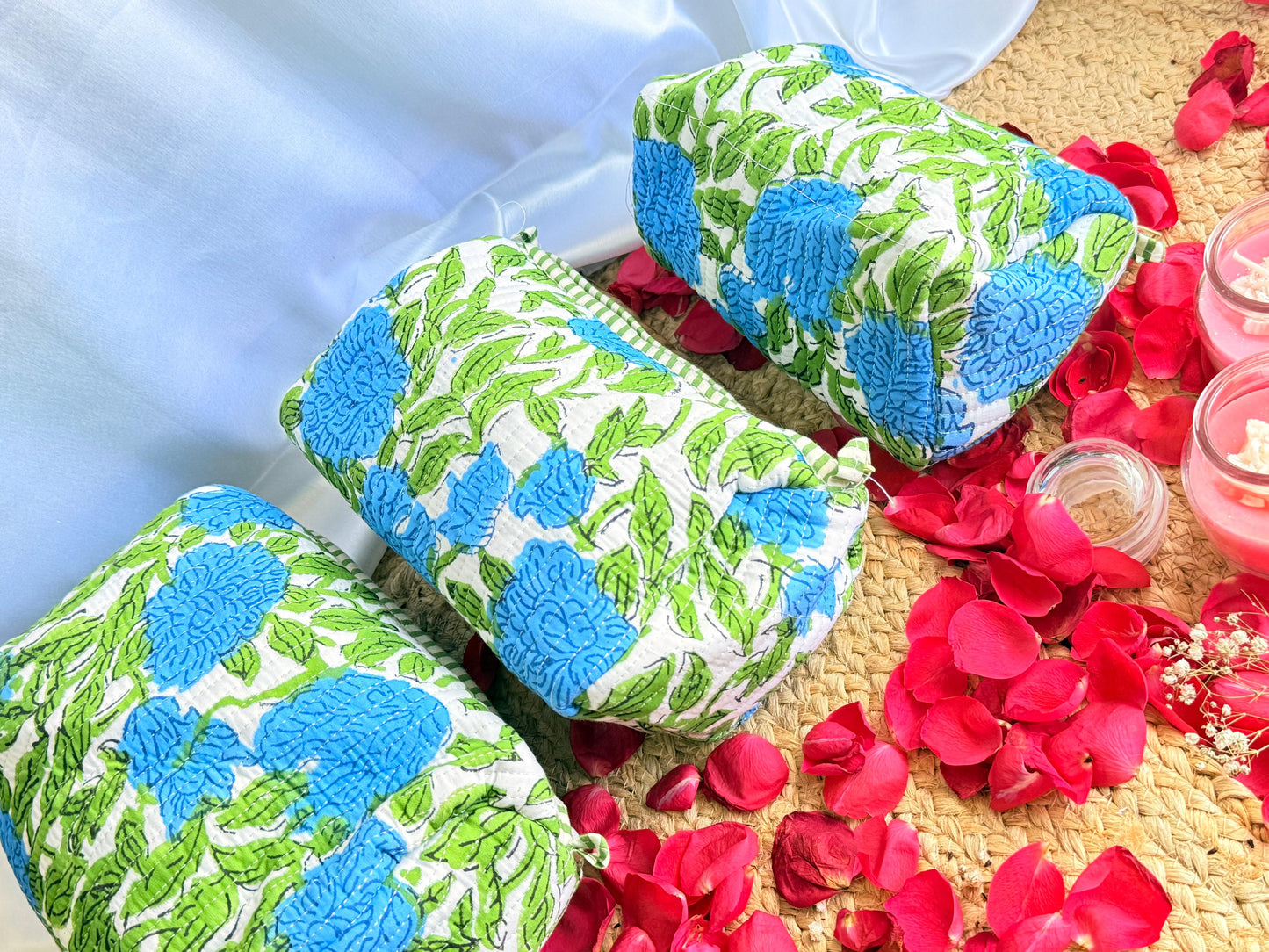 Blue green Floral  Handblock Travel  Pouch Organizer  Set of 3