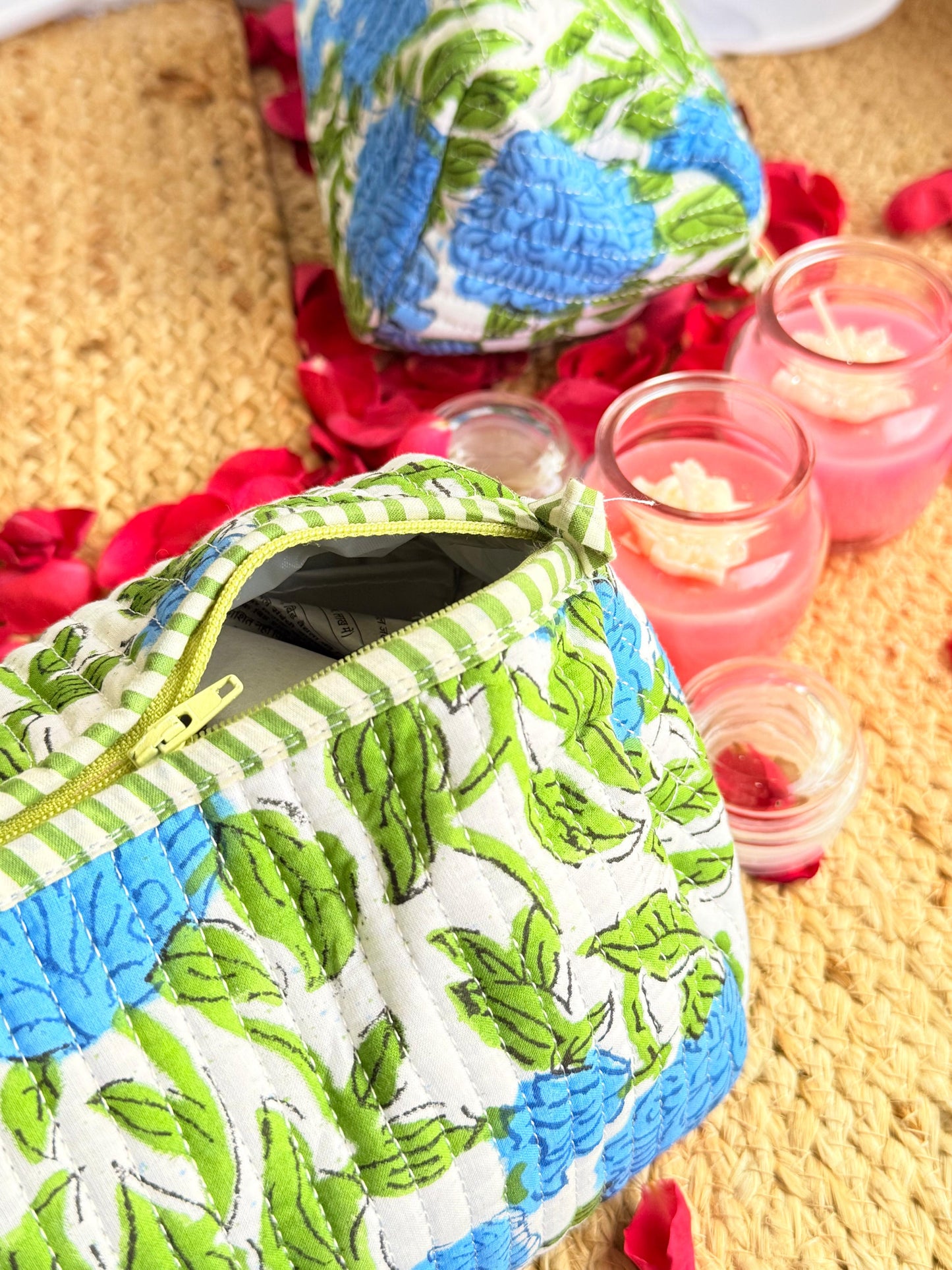 Blue green Floral  Handblock Travel  Pouch Organizer  Set of 3