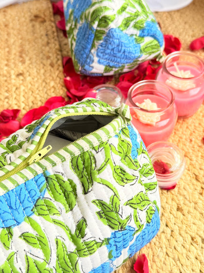 Blue green Floral  Handblock Travel  Pouch Organizer  Set of 3