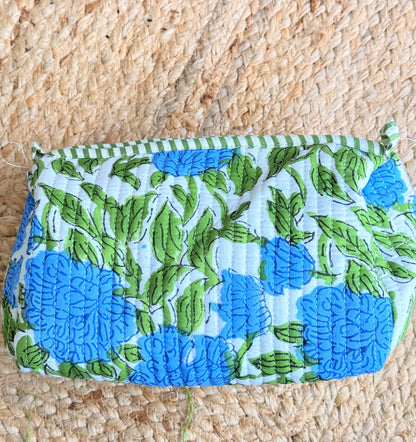 Blue green Floral  Handblock Travel  Pouch Organizer  Set of 3