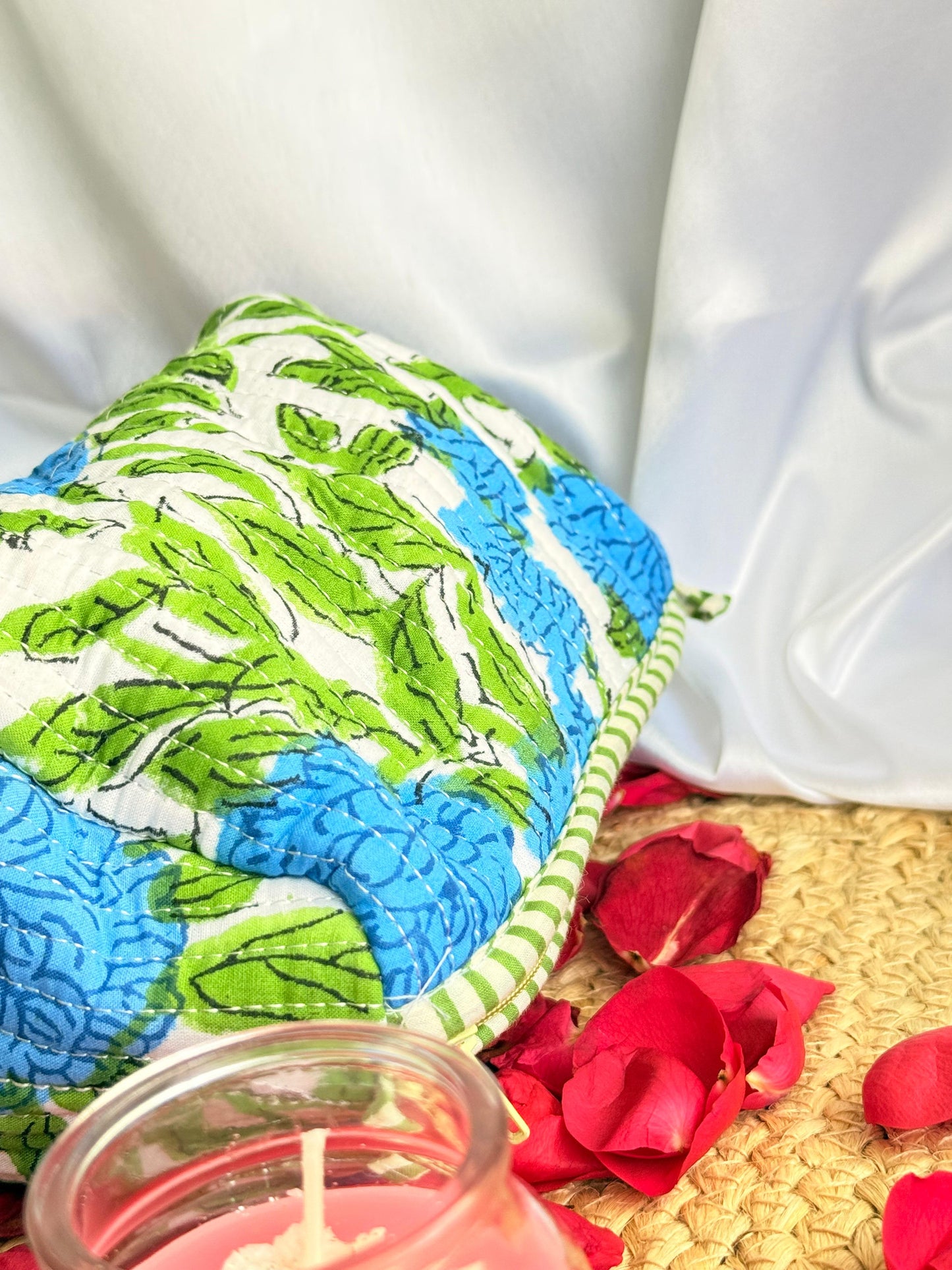 Blue green Floral  Handblock Travel  Pouch Organizer  Set of 3