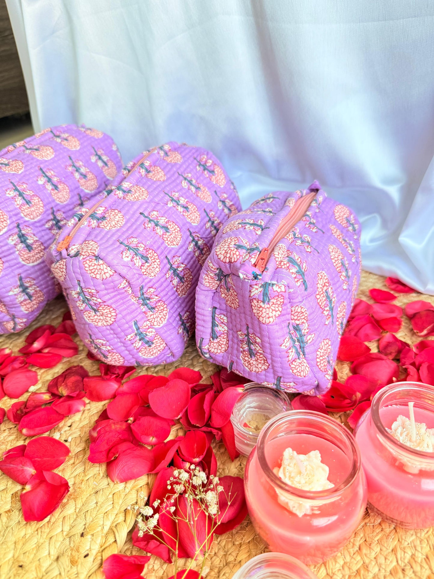 Purple Floral Pink Handblock Pouch Set of 3