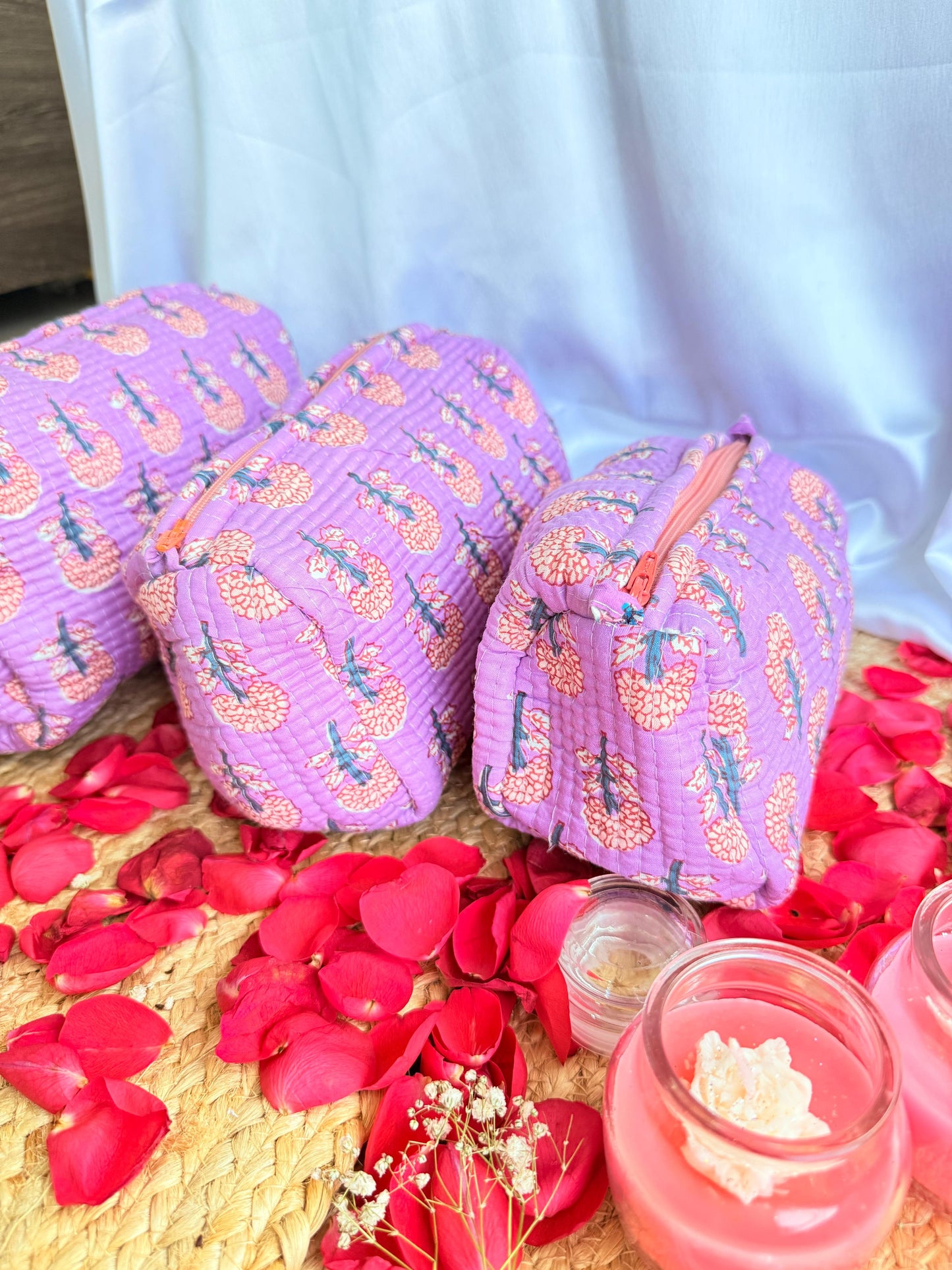 Purple Floral Pink Handblock Pouch Set of 3
