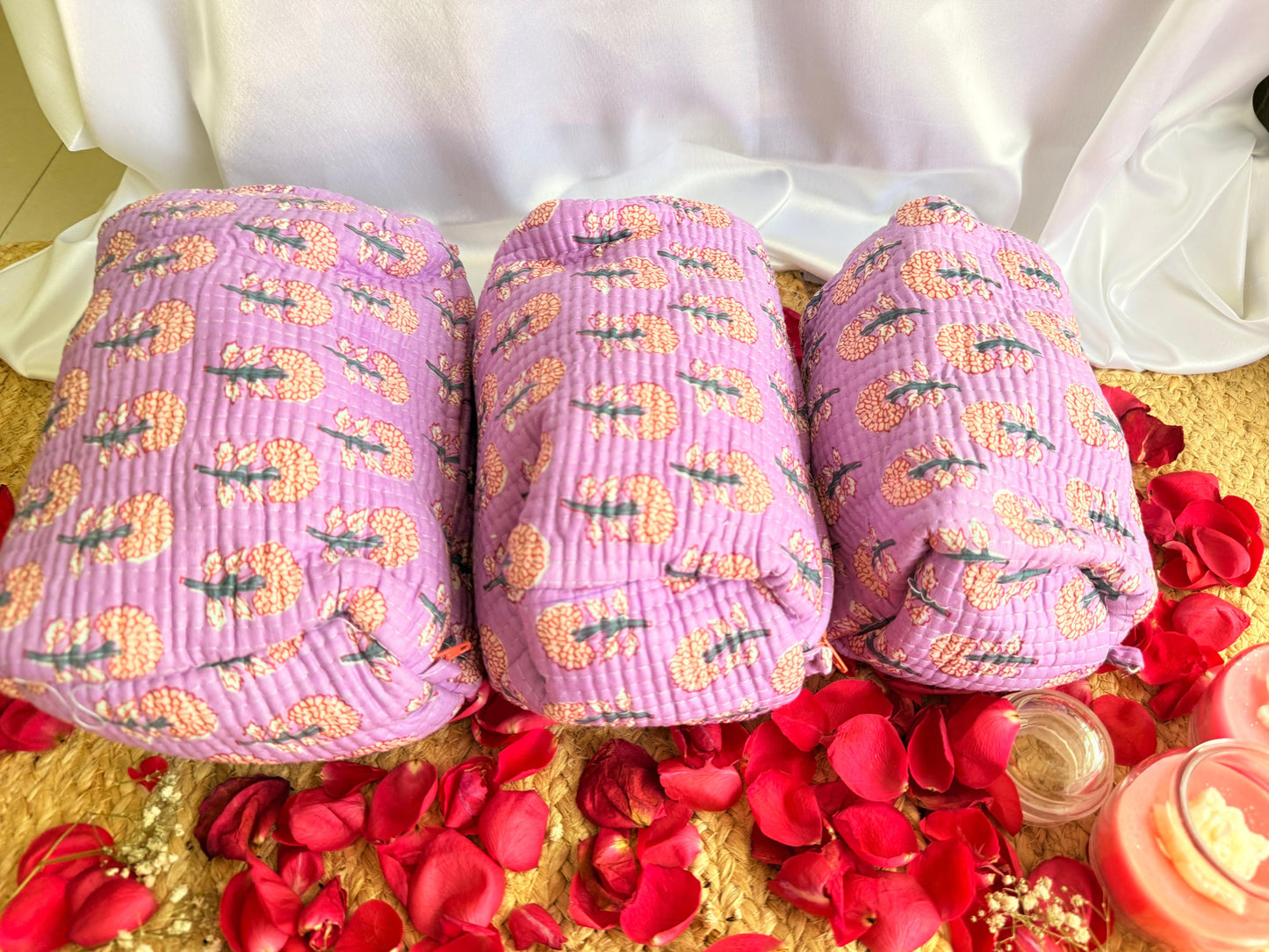 Purple Floral Pink Handblock Pouch Set of 3