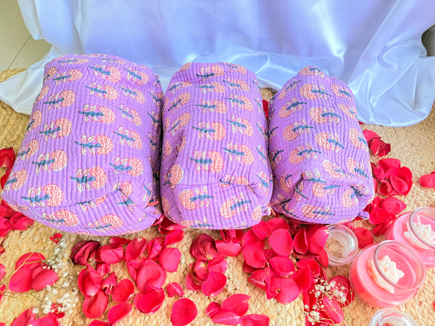 Purple Floral Pink Handblock Pouch Set of 3