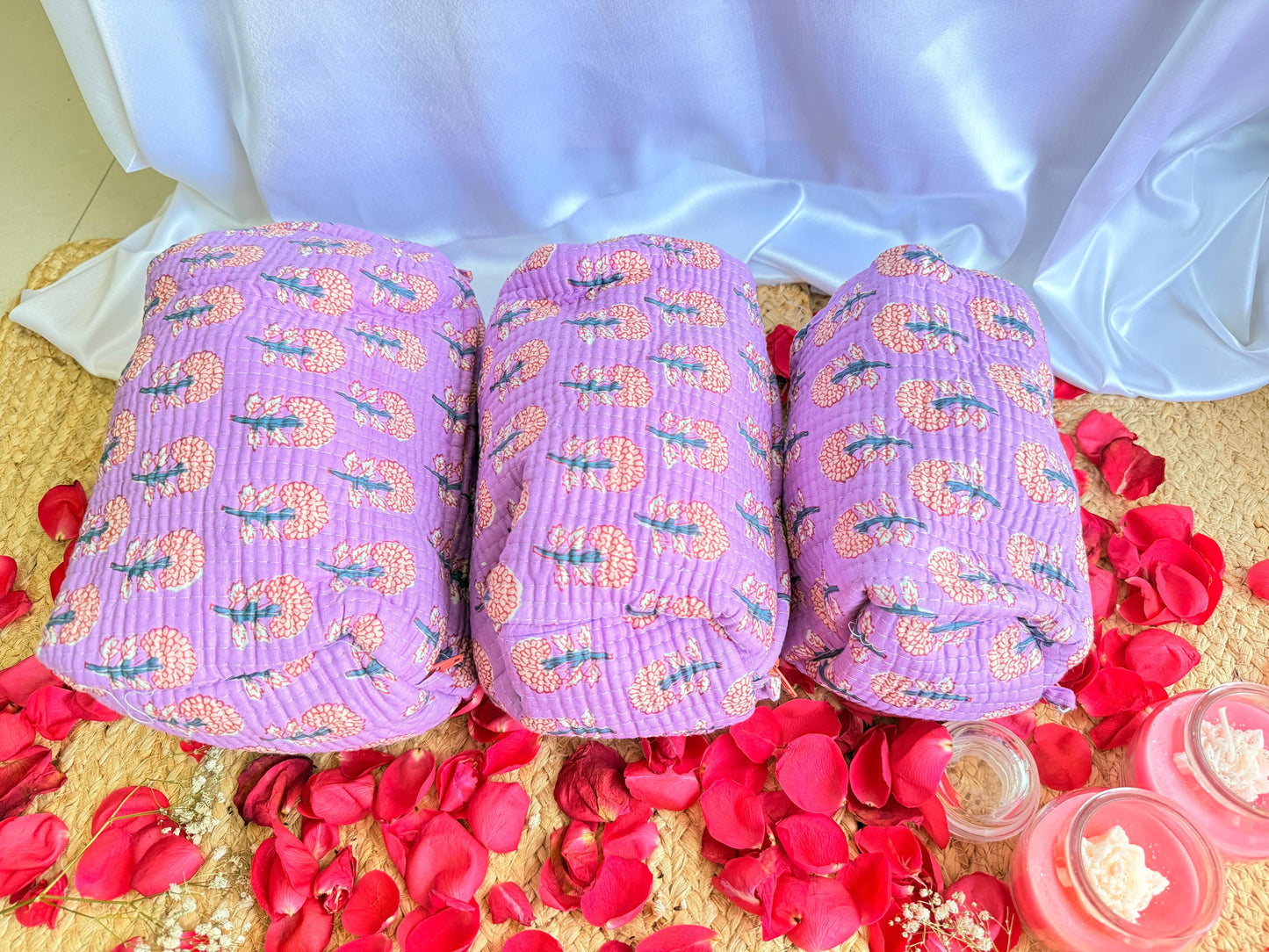 Purple Floral Pink Handblock Pouch Set of 3