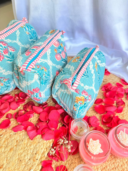 Ocean Blue White Floral Handblock Travel Pouch  Organizer Set of 3