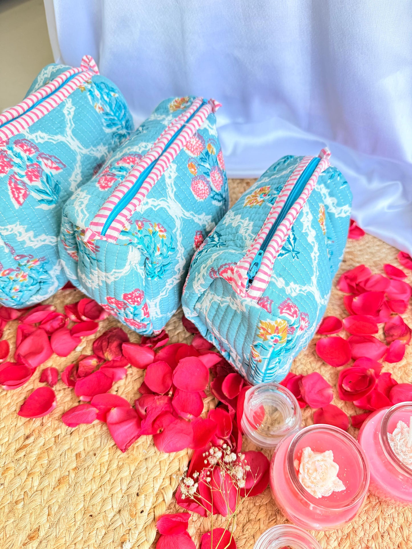 Ocean Blue White Floral Handblock Travel Pouch  Organizer Set of 3