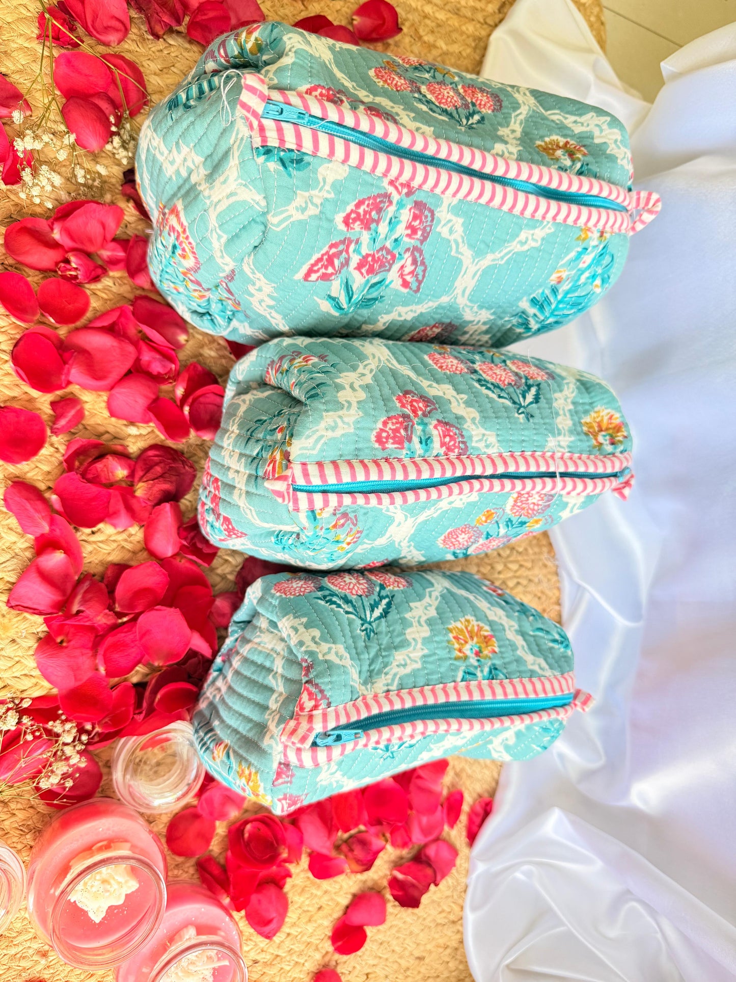 Ocean Blue White Floral Handblock Travel Pouch  Organizer Set of 3