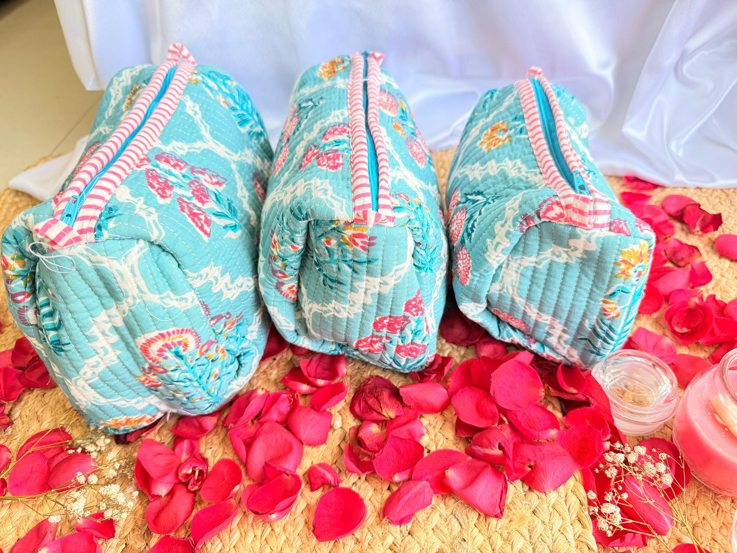 Ocean Blue White Floral Handblock Travel Pouch  Organizer Set of 3