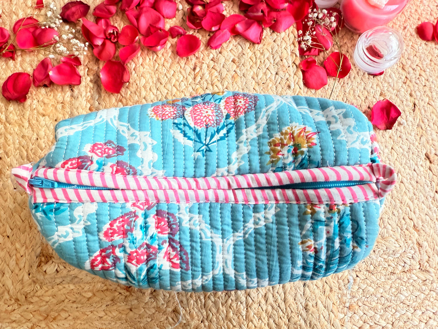 Ocean Blue White Floral Handblock Travel Pouch  Organizer Set of 3