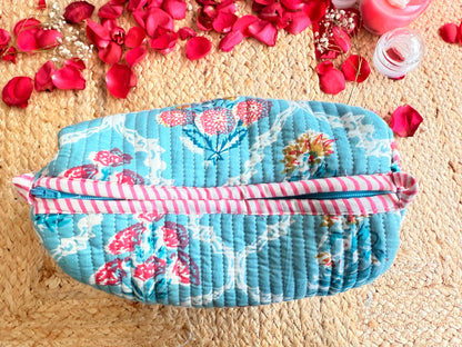 Ocean Blue White Floral Handblock Travel Pouch  Organizer Set of 3