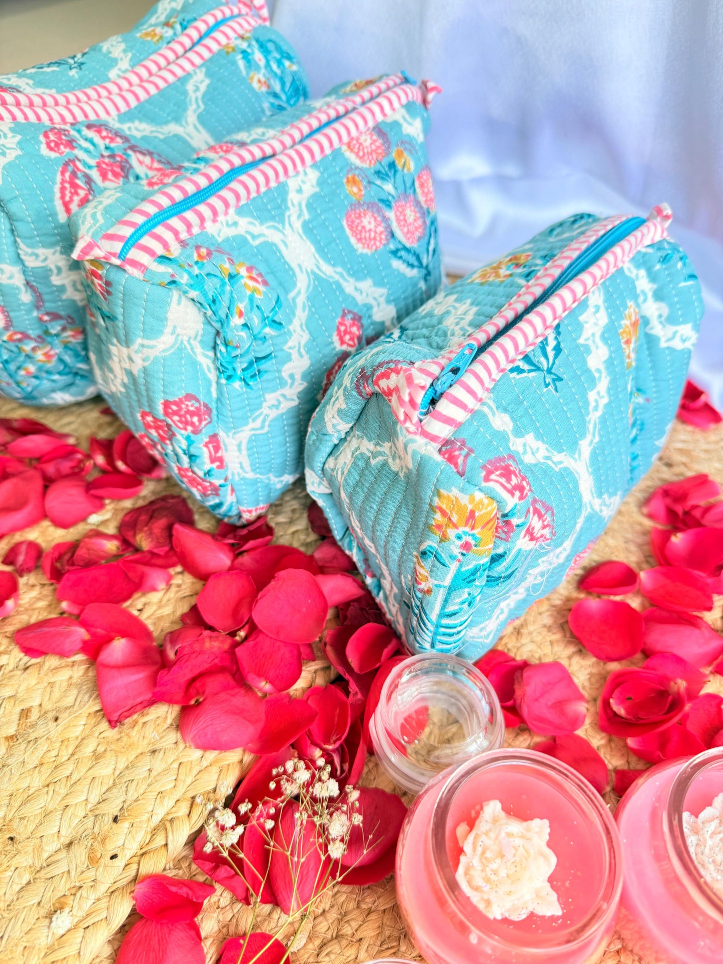 Ocean Blue White Floral Handblock Travel Pouch  Organizer Set of 3