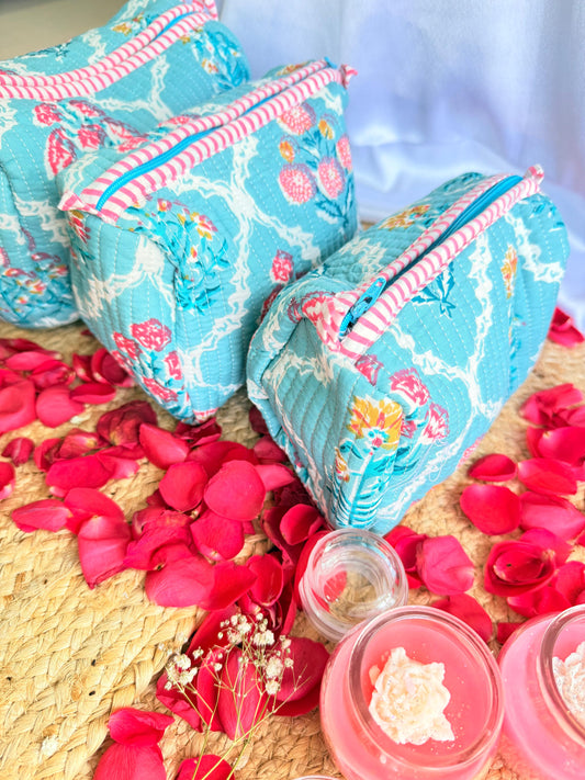 Ocean Blue White Floral Handblock Travel Pouch  Organizer Set of 3