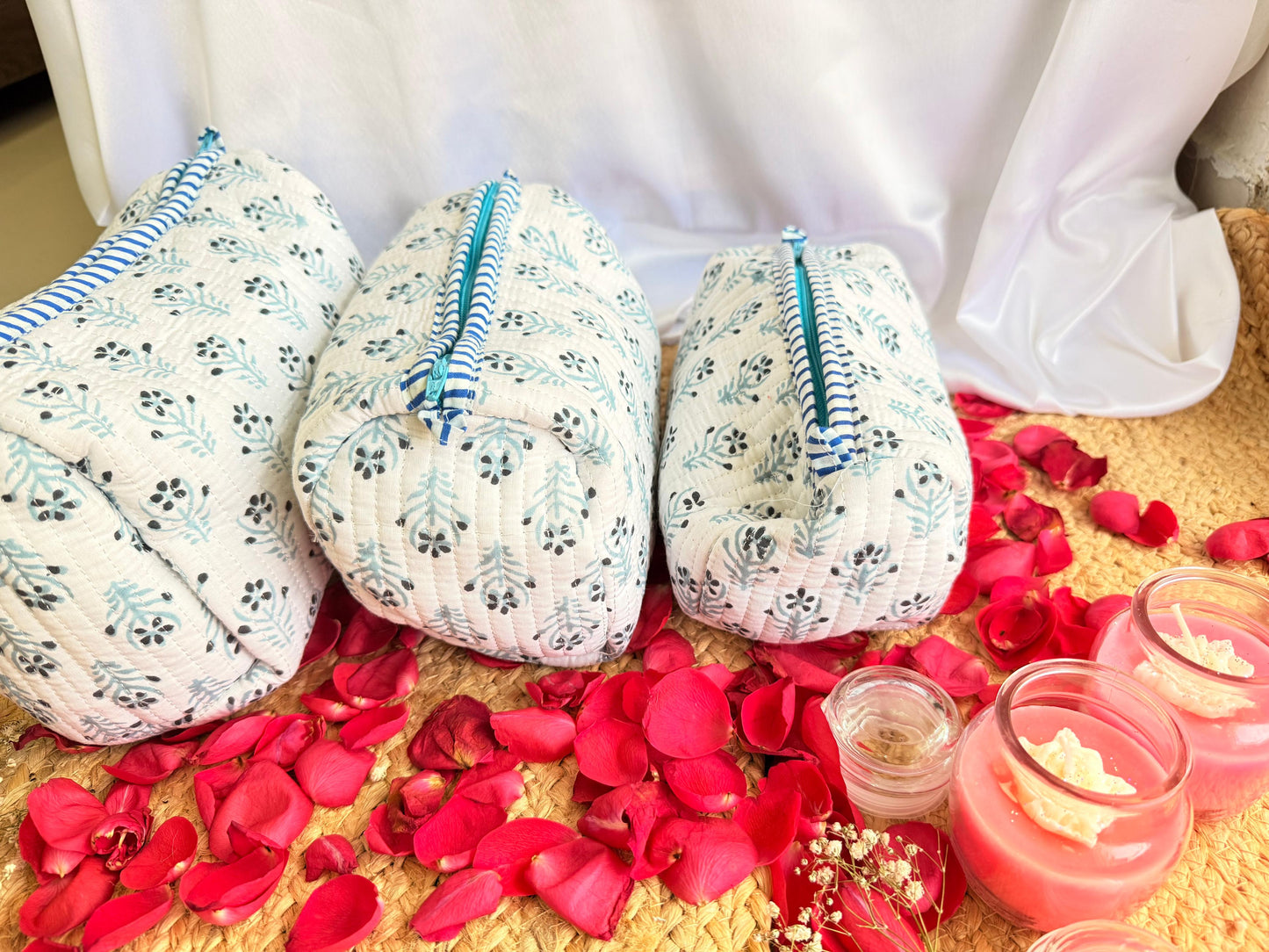 Cotton White Travel Pouch Handblock Organizer Set of 3