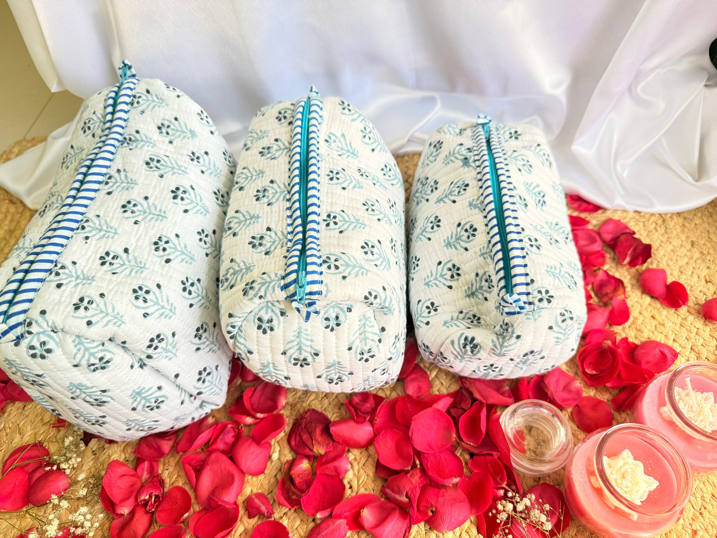 Cotton White Travel Pouch Handblock Organizer Set of 3