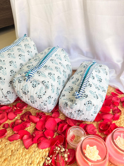 Cotton White Travel Pouch Handblock Organizer Set of 3