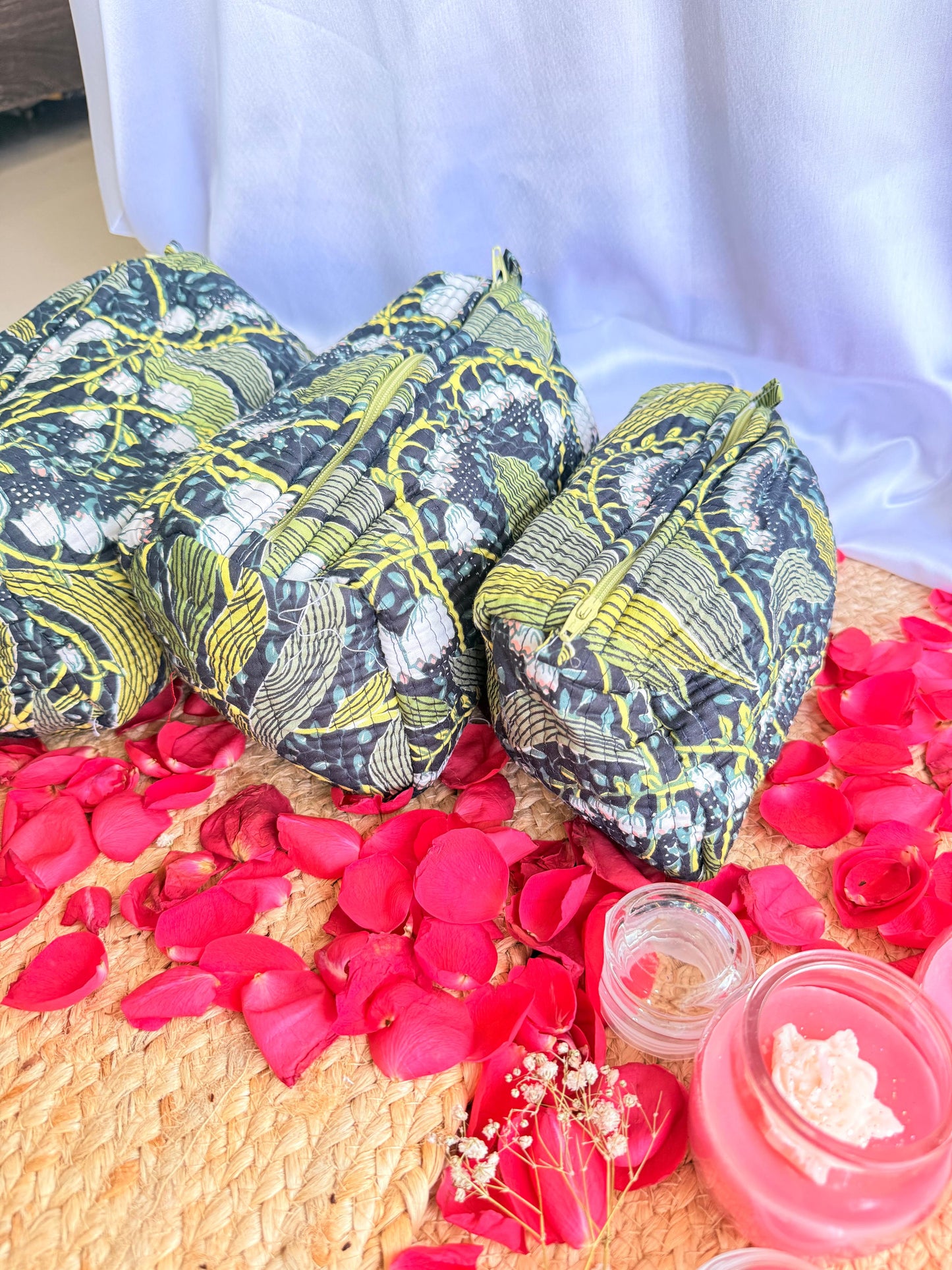 Black Floral Handblock Travel Pouch Organizer Set of 3